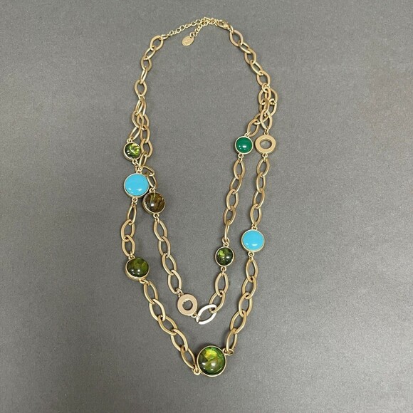 Icing Gold-tone Linked Chains Green Blue Women's Fashion Necklace NWOT - Picture 1 of 5